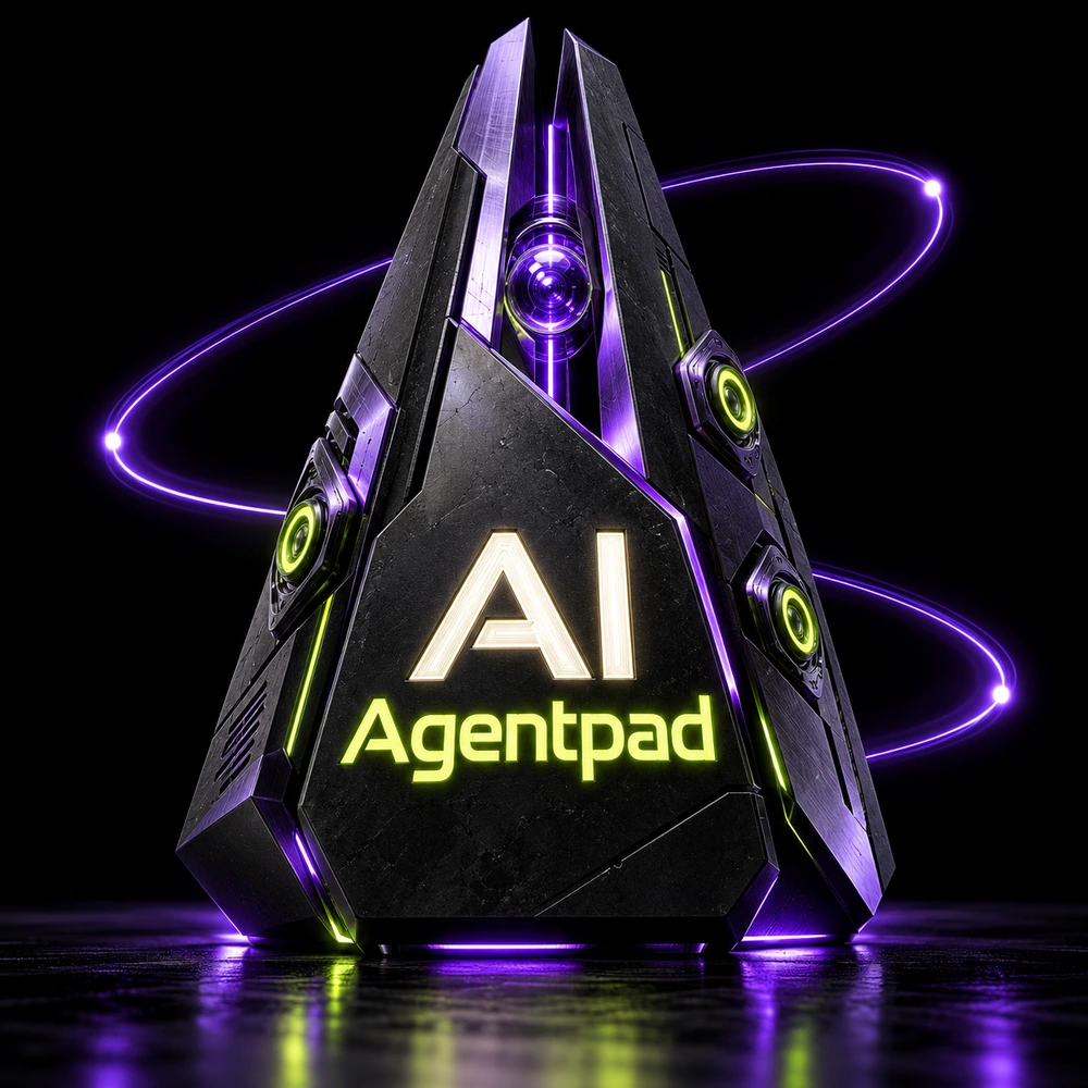 AI Agentpad black silicon node with violet signal rings and lime energy ports